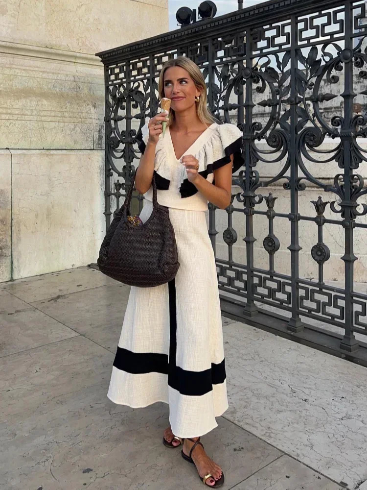 Fashion Contrasting Colors Ruffles Crop Top Dress Suit Women Elegant V Neck Sleeves Tops Skirt Summer Chic In Matching Sets 240601