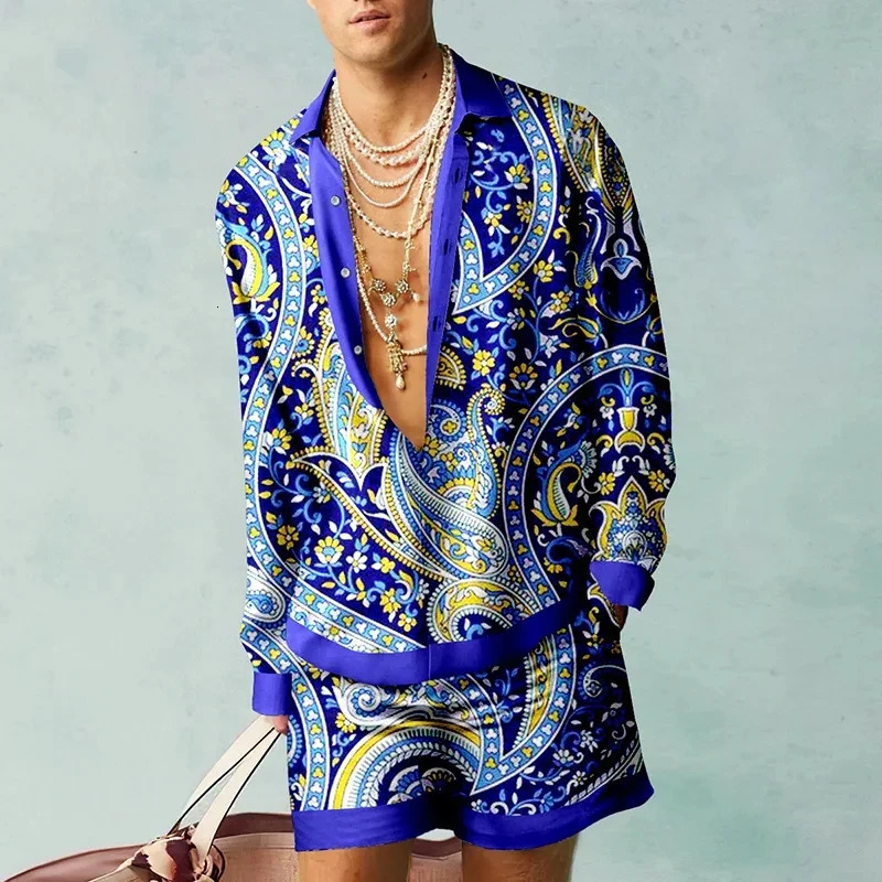 Fashion Shirt Sets 3D Printed Mens 2PCS Suits Casual Long Sleeves Shirts Beach Shorts Streetwear Hawaiian Man clothing 240601Z