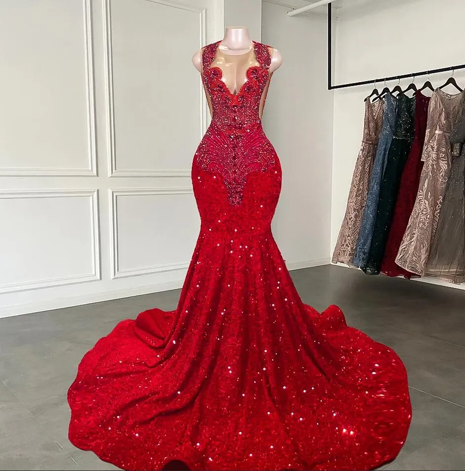 Long Red Sparkly Mermaid Prom Dresses, Black Girls Sheer Crew Neck Dias Sequined Formal Evening Gowns