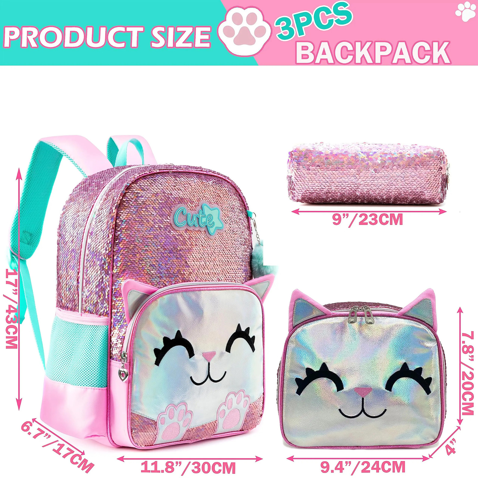 Meetbelify Cute Backpack for Girls School Kids Sequin Bookbag for Elementary Kindergarten Students with Lunch Box Pencil Case 240530