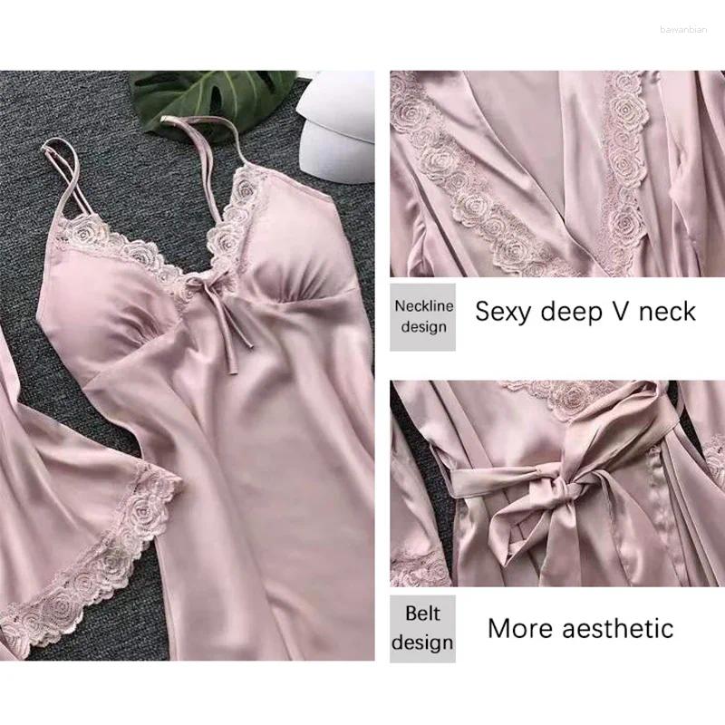 Home Clothing 2pcs Woman Sexy Pamas Sleepwear Lace Robe And Pants Lingerie Bathrobe Silk Satin Clothed Nightwear For Ladies