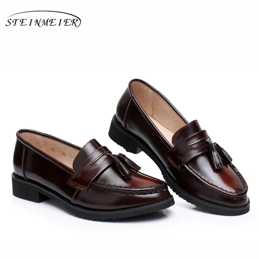 Formal Women Genuine Leather Oxford Flats Round Toe Handmade Flat Vintage Shoes Womens Loafers Spring Summer 2