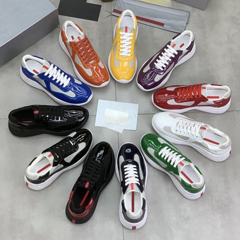 With Box Americas Cup Sneakers Patent Leather Shoes America's Cup Nappa Flat Trainers Pink Light Blue Mens Womens Mesh Lace-up High Sports Trainers