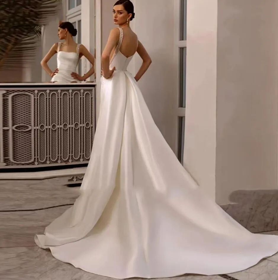 Elegant Satin Mermaid Wedding Dresses With Detachable Beads Sequins Strap Women Pearls Court Train Backless Gowns For Bride 0605