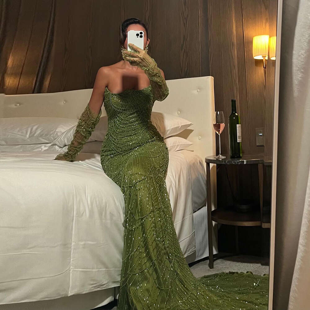 Sharon Said Dubai Mermaid Green Evening Dresses with Gloves 2024 Elegant Saudi Arabia Women special Party Gowns SS306