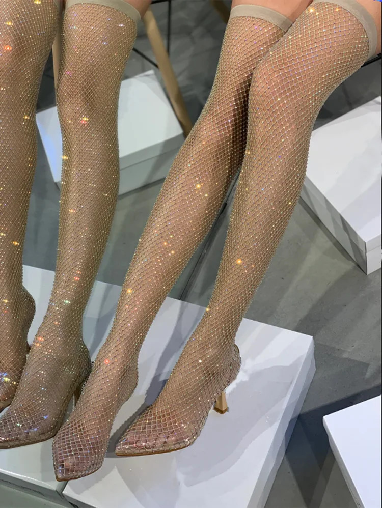 2024 Full Rhinestone Mesh Summer Boots Women Thigh High Over The Knee Sandals Banquet all match womens pointed toe boots 240620