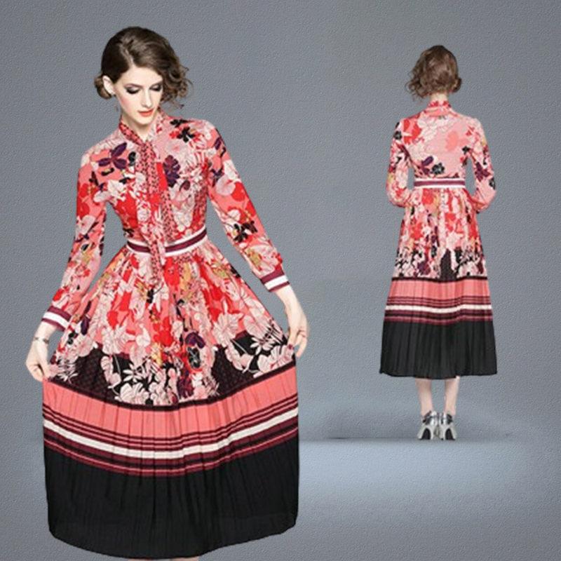 Womens Bow Printed Dress Long Sleeve Spring Autumn Midi Dress Highend Elegant Lady Pleated Dresses Boutique Retro Dress
