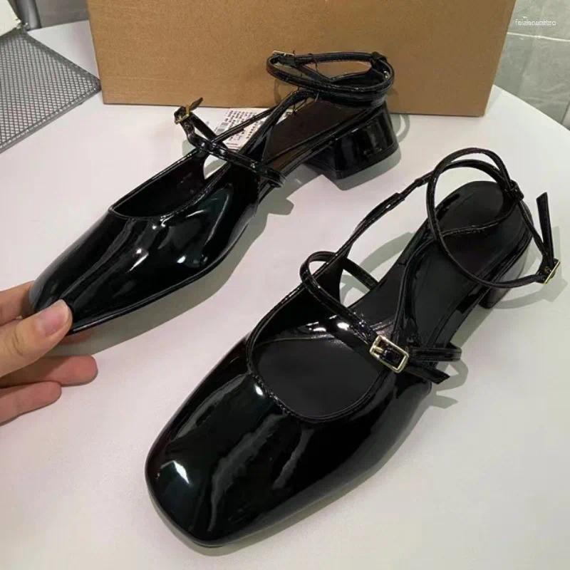 Sandals Elegant Office Shoes For Women Black Leather Square Toe Chic Outdoor Casual Sgbacks Ankle Strap Summer Lady Heeled