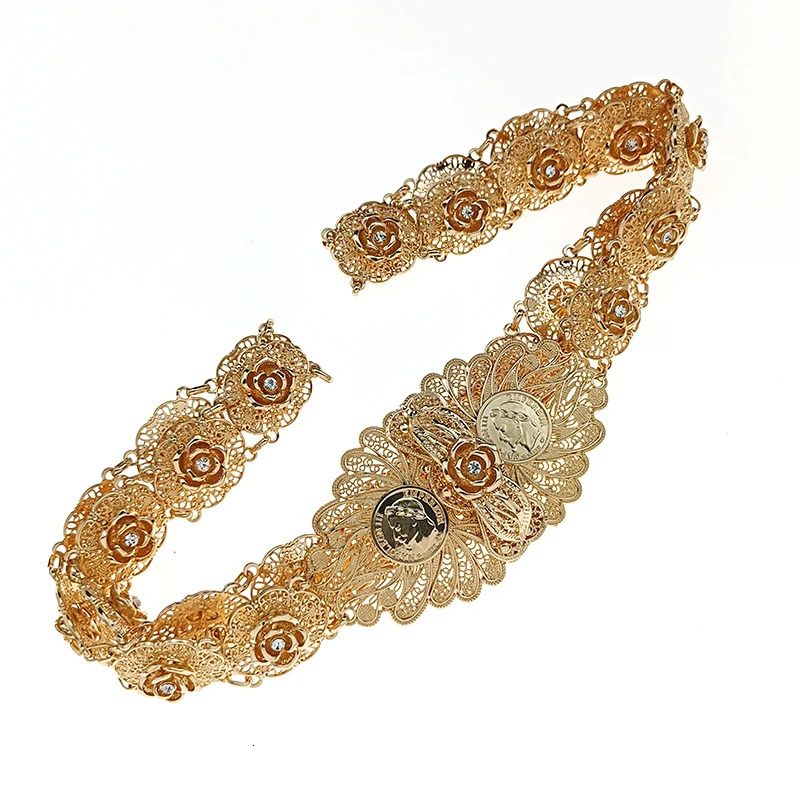 Turkish Coin Metal Belt Fashion Cutout Rose Flower Waist Chain French Party Robe Waist Jewelry Napoleon Pattern Bridal Gift 240531