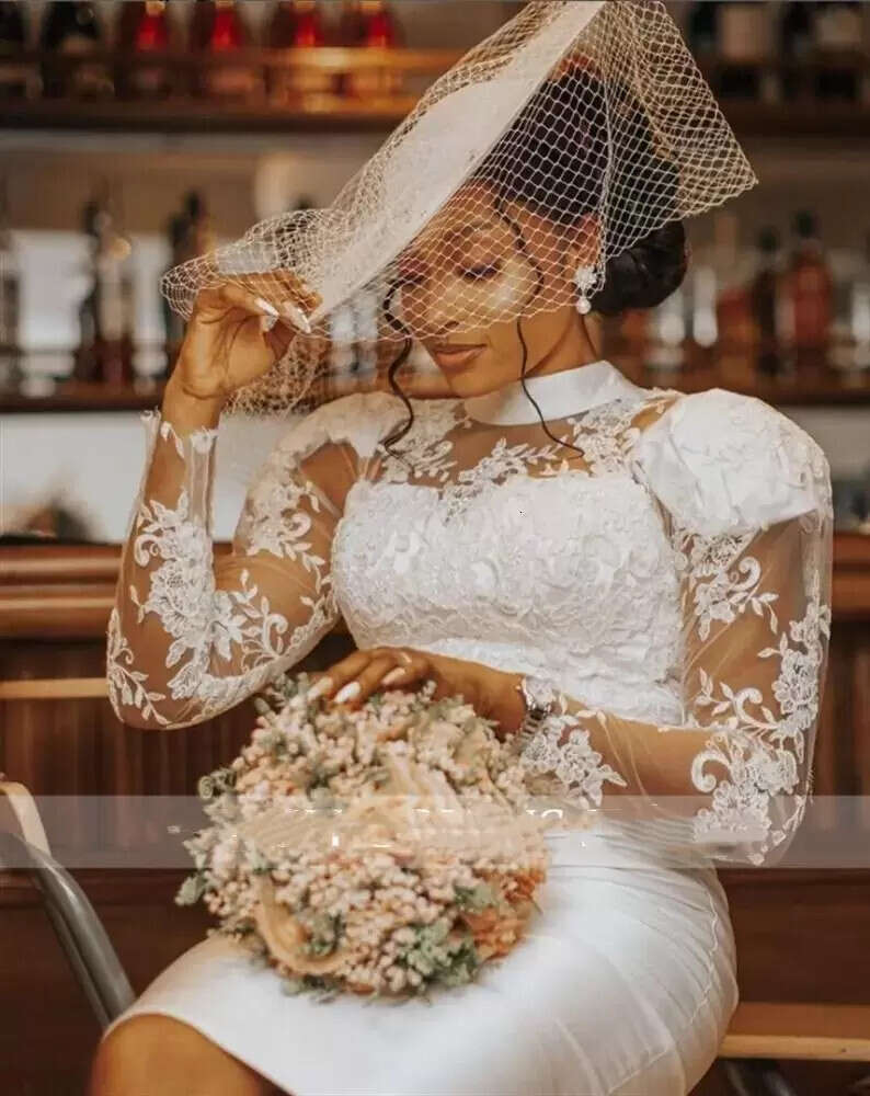 Knee Length Straight Wedding Dress Long Sleeves White Satin Bridal Reception Gowns Lace Applique High Neck Short Vestido