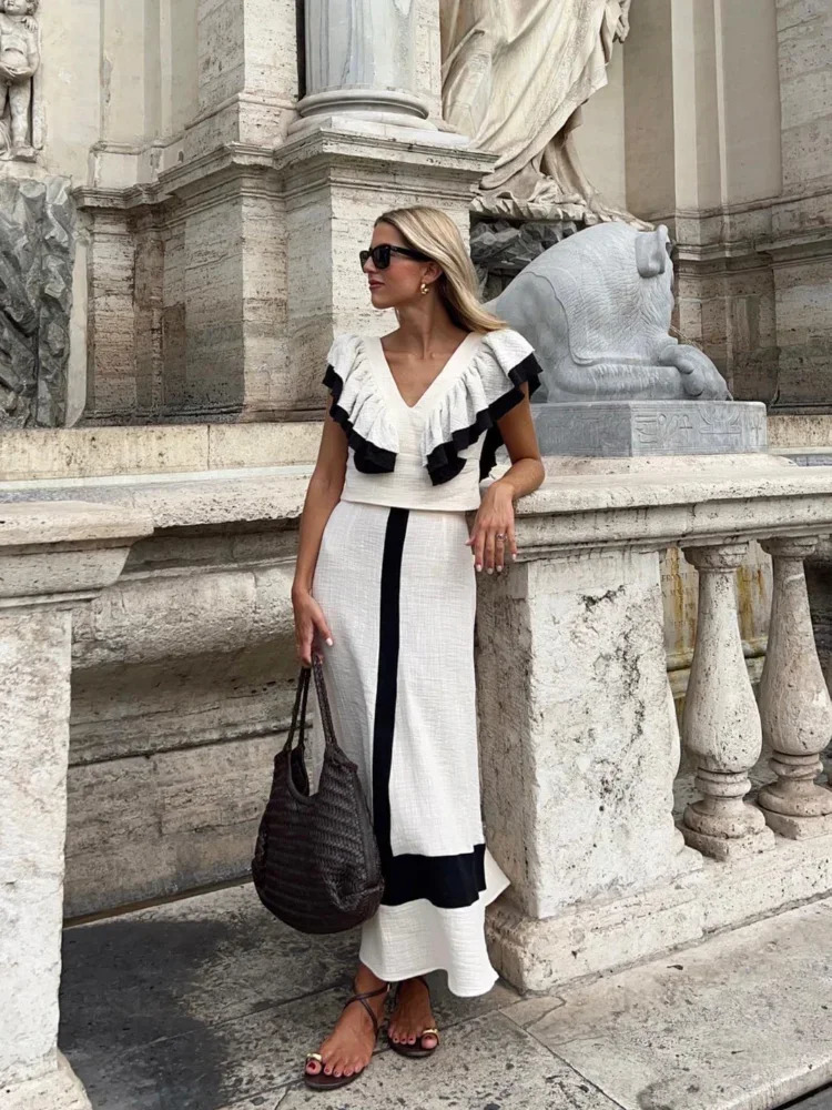 Fashion Contrasting Colors Ruffles Crop Top Dress Suit Women Elegant V Neck Sleeves Tops Skirt Summer Chic In Matching Sets 240601