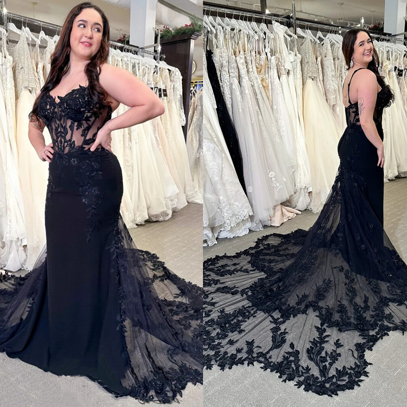 Fish Tail Long Train Boho Mermaid Wedding Dresses Spaghetti Straps Sexy Black Beach Wedding Gowns Lace Appliques Gothic Bridal Vestido De Novia 2024