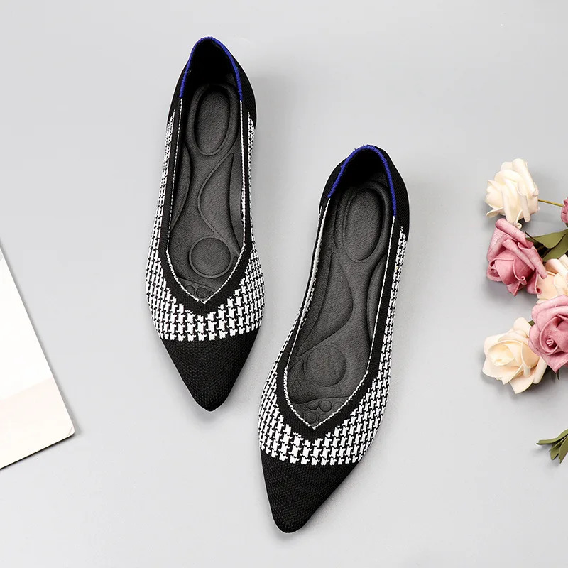 Breathable Polyester Shoes Women Spring Flats Pointy Toe Ballerinas Ladies Stretch Knitted Loafers Femme Daily Dress Mocasines 240605