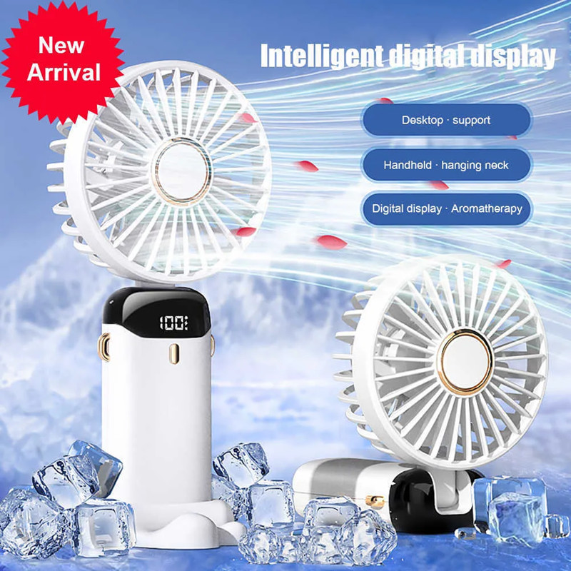 USB Mini Handheld Fan 5-gears Wireless Electric Fan Portable Air Conditioner Rechargeable Desktop Fans Folding Hanging Neck Fan LED Digital Display Fa