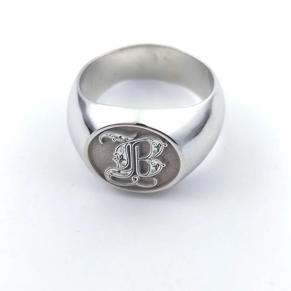 Custom 925 Solid Silver Men Letter Engrave Ring Personalized 15mm Chunky Signet Ring 3D engraved Royal Initial Letter Ring 240530