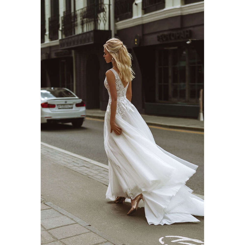 Elegant Boho Dresses V-Neck Appliques Lace A-Line Tulle Wedding Gown Beach Simple Bridal Dress Bestidos De Novia 0605