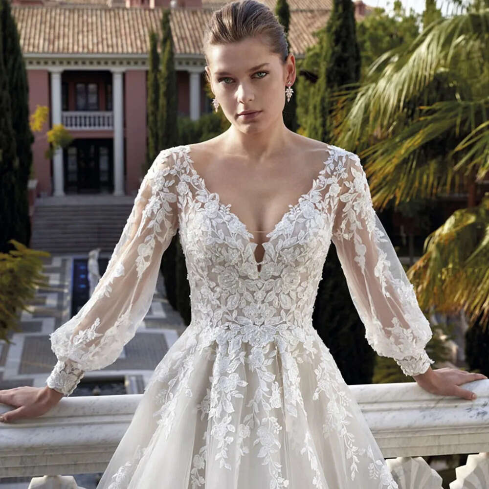Wedding Dresses For Women 2024 V Neck Lace Applique A Line Bridal Gowns With Long Puff Sleeves Civil Vestidos De Novia 0605