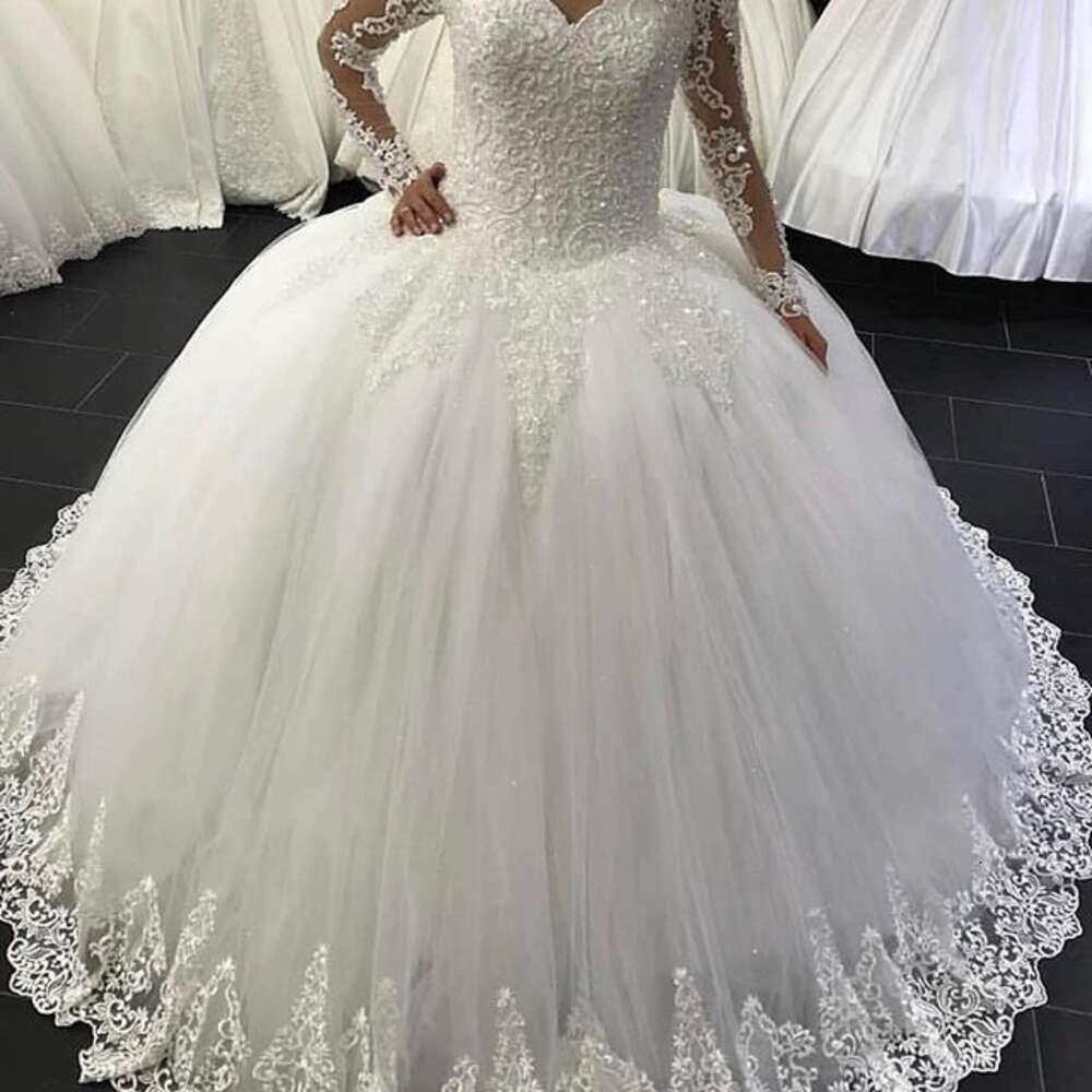 Vestidos De Noiva Elegant Ball Gown Long Sleeve Dresses White Appliques Princess Lace Wedding Gowns Robe Mariage Lz0304