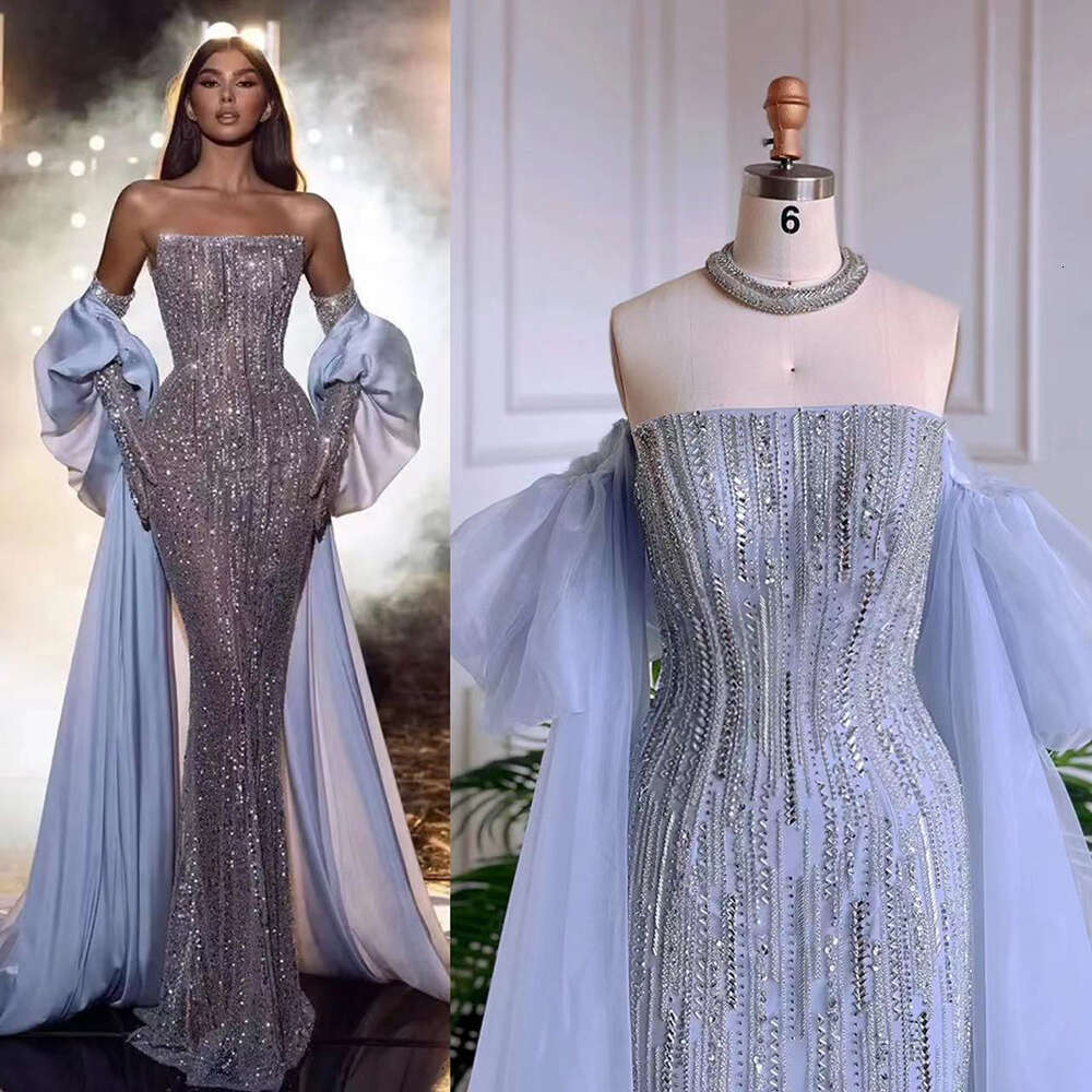 Serene Hill Dubai Arabic Blue Mermaid Balloon Sleeves Crystal Beaded Evening Dresses Gowns For Women Party LA71823