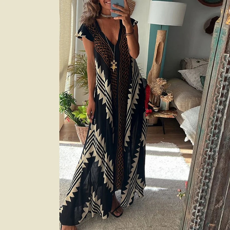 Fashion Pattern Printed Short Sleeve Dress Summer Loose High Waist Bohemian Dress Womens Sexy V-neck Robe Dresses Vestidos 240529
