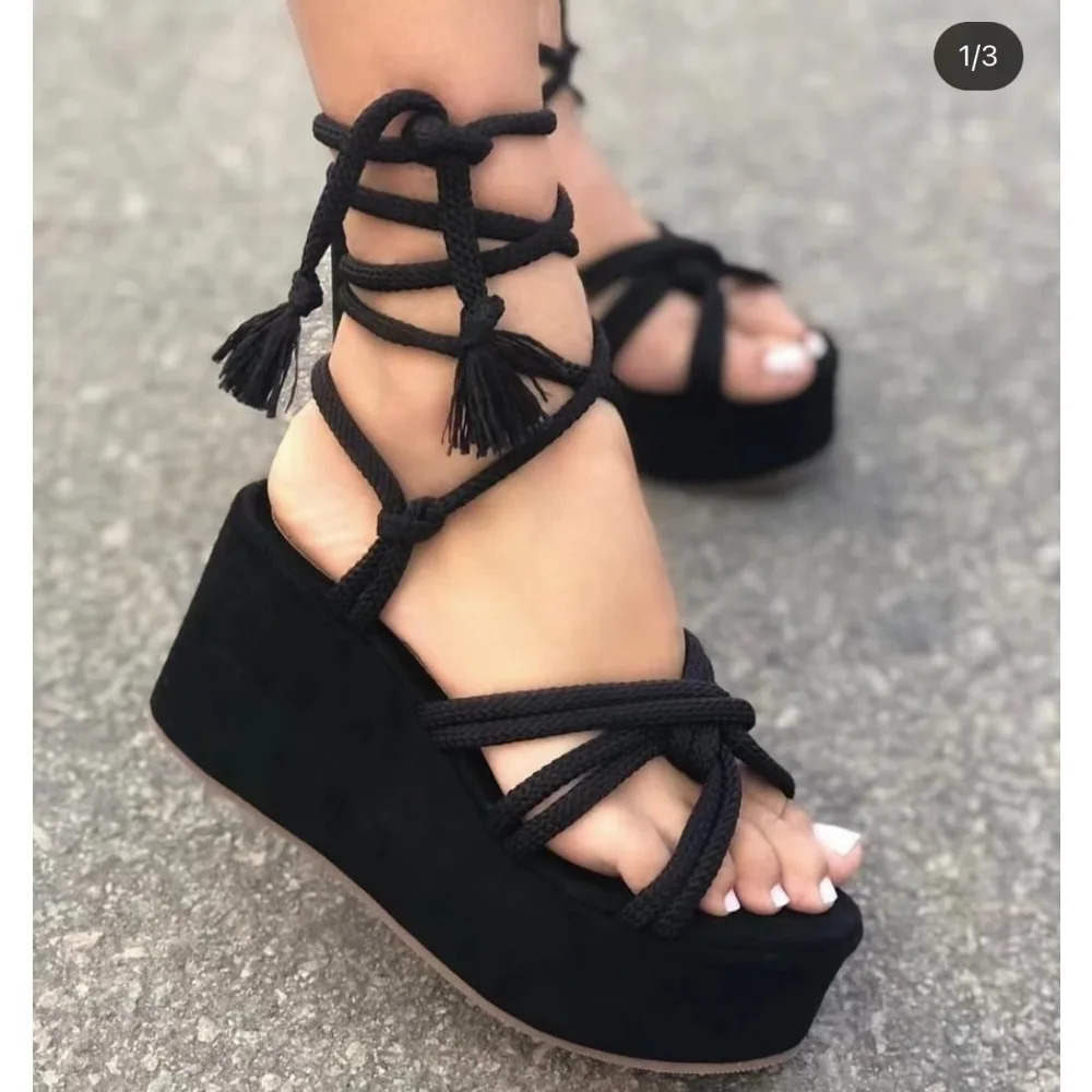 Platform Wedge Strappy Sandals Women Fashion Round Toe Cross Tied Open Toe Women Sandals Platform Sandals Zapatos De Mujer 240605