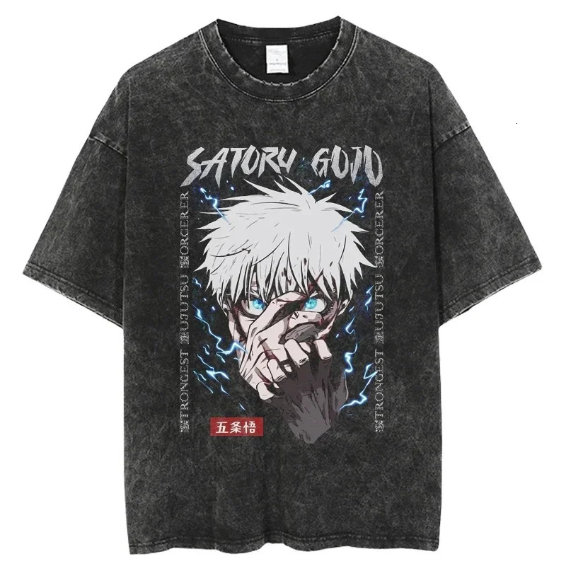 Retro Washed Cotton T-shirt Tops Anime Graphic Tees for Men Women Summer Casual Oversized Tshirt Harajuku Streetwear 240601