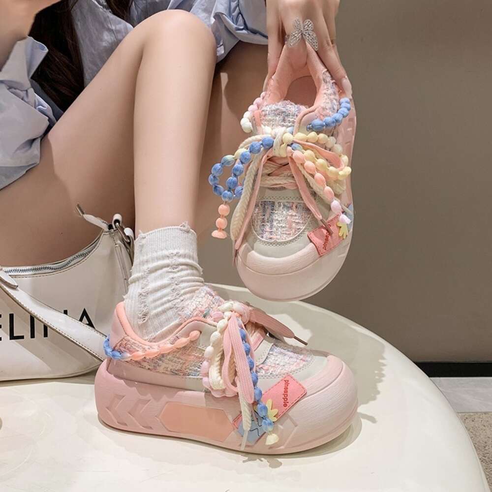 5CM Ladies on Sale Fashion Kawaii Round Toe Lace Up Women's Vulcanized Shoes Spring Flat Outdoor Breathable Women Sneakers 0e020
