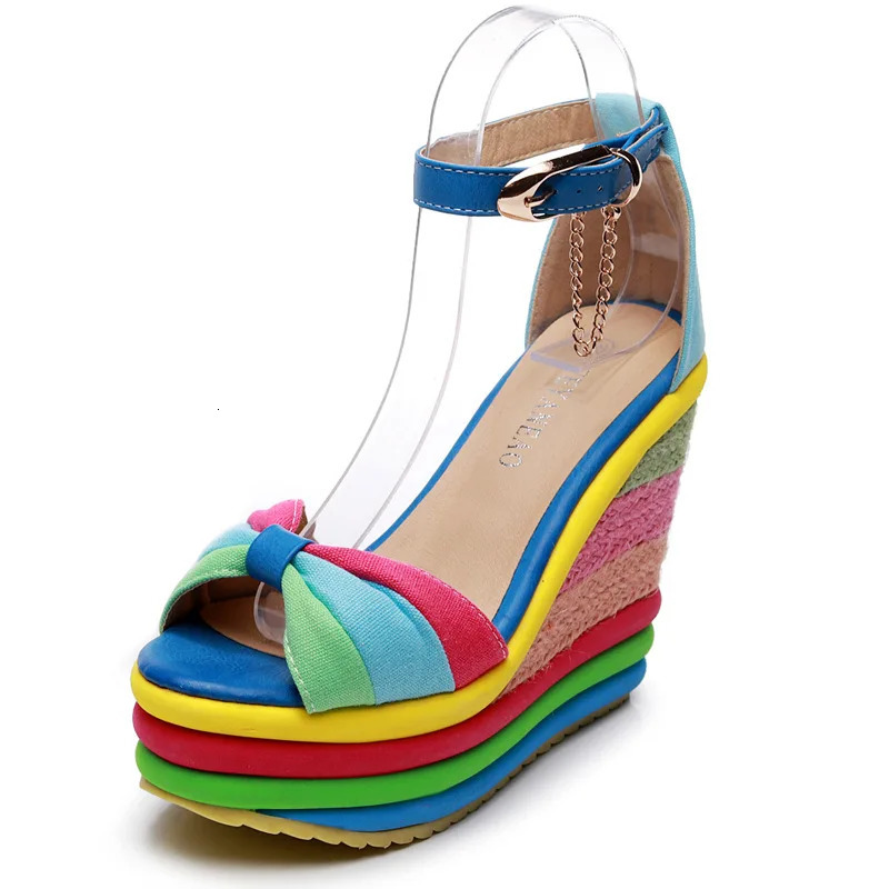 Women Sandals Female Wedges PU Round Shape Color Matching Slope Heel Increase Thick Bottom Non Slip Shoes 240528