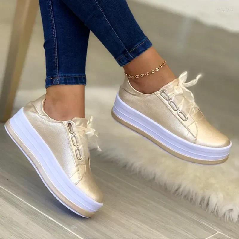Casual Shoes Lace Up Platform Women Gold Sier Flats Leather Thick Bottom Sneakers atos De Mujer Woman Plus Size 43