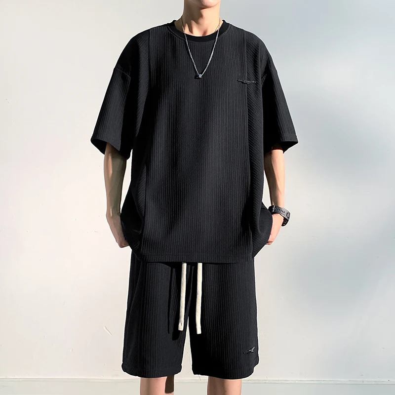 Mens Shorts Tshirt Set Summer Texture Ice Silk Smooth Draping Youth Short Sleeve Solid 240601