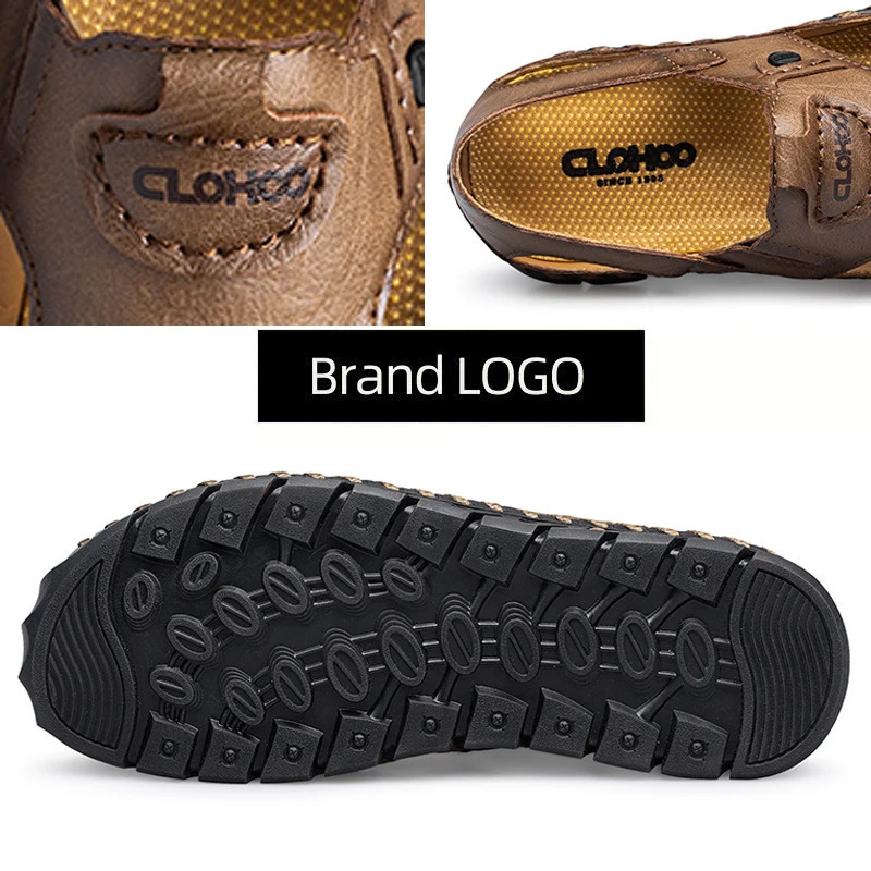 CLOHOO Mens Breathable Leather Shoes Hollow Hole Shoes Soft Sole Soft Surface Casual Sandals 240605