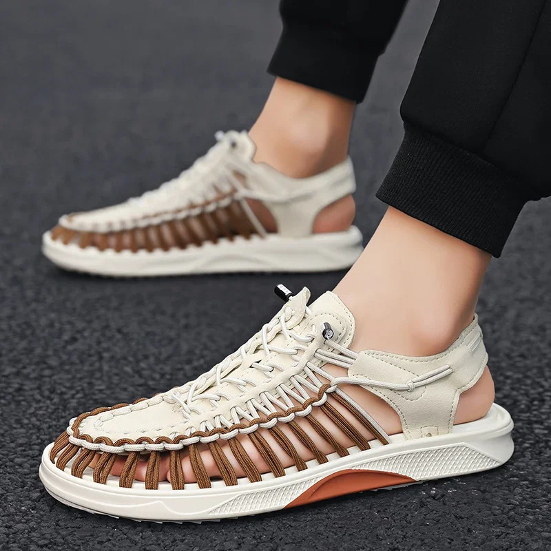 Mens summer sandals handcrafted woven shoelaces breathable beach sandals mens sliding shoes large-sized casual shoes 240605