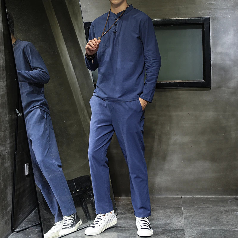 Arrival Mens Cotton and Linen Long Sleeve T-shirtPant Set Solid ShirtTrousers Home Suits Male 4 Colors Size M-5XL 8006 240530