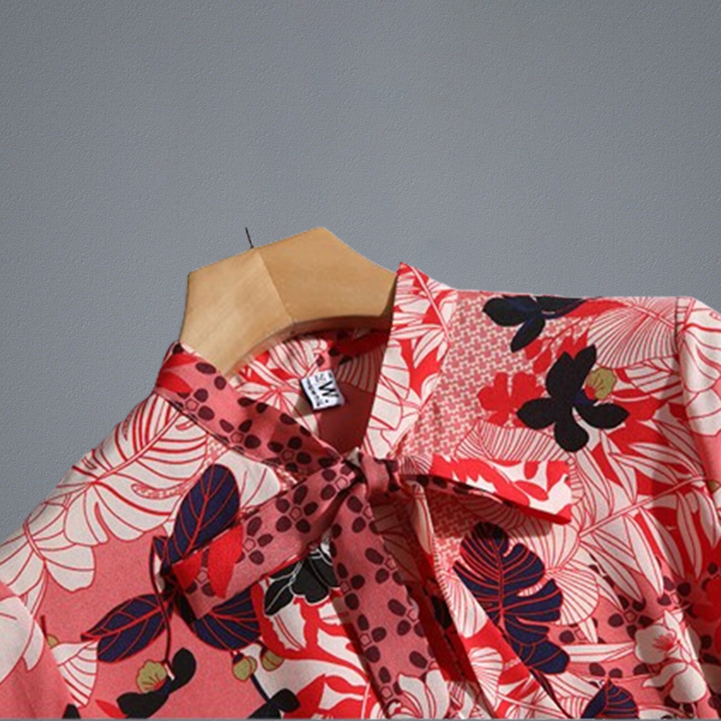 Womens Bow Printed Dress Long Sleeve Spring Autumn Midi Dress Highend Elegant Lady Pleated Dresses Boutique Retro Dress