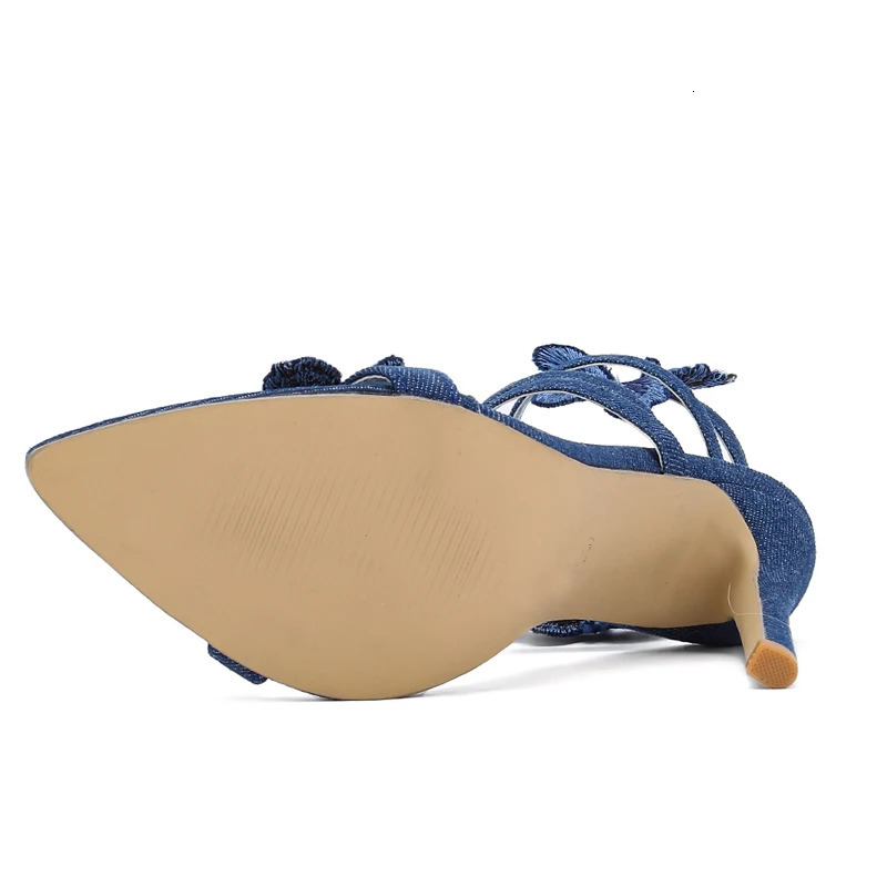 Eilyken Sexy Denim Butterfly-knot High Heels Women Sandals Hollow Out Ankle Strappy Shoes Summer Pointed Toe Zapatos Mujer 240605