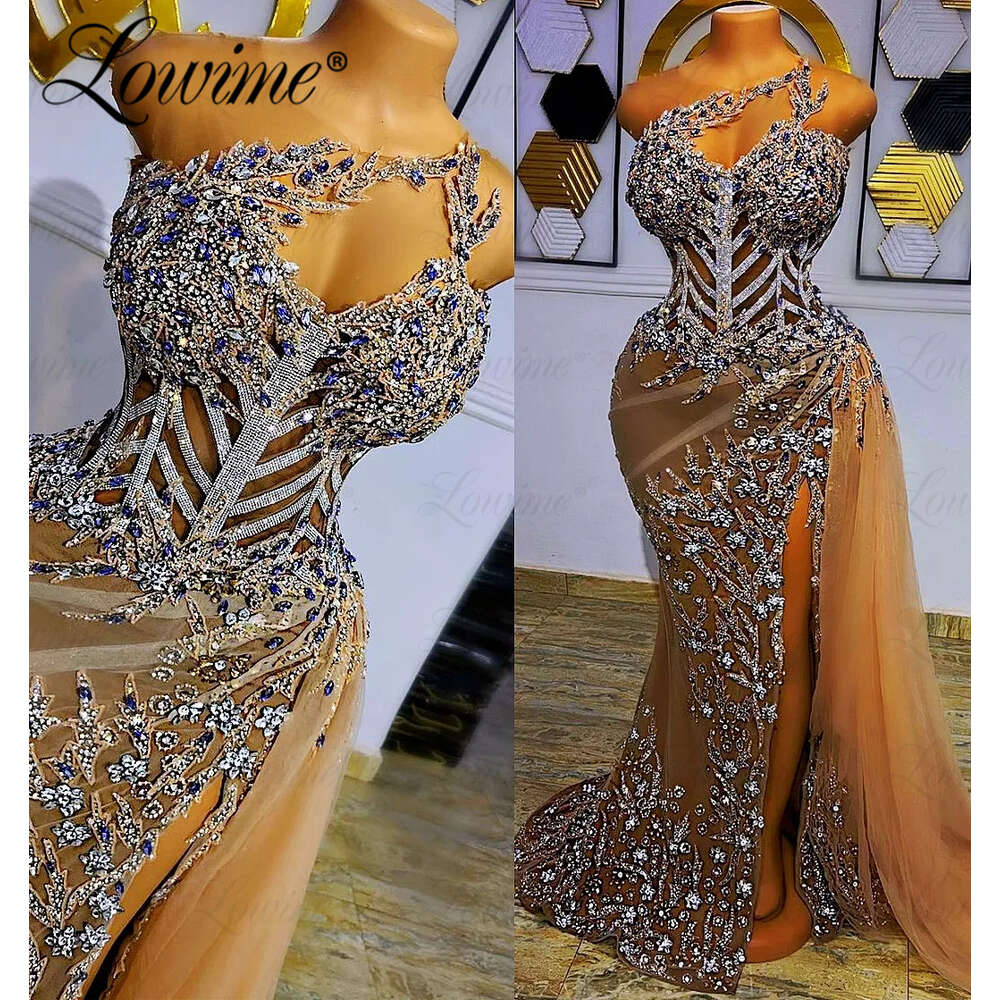 Sexy See Through Party Dresses For Weddings 2023 Custom Made Crystals Beaded Long Prom Dress High Split Side Evening Gown