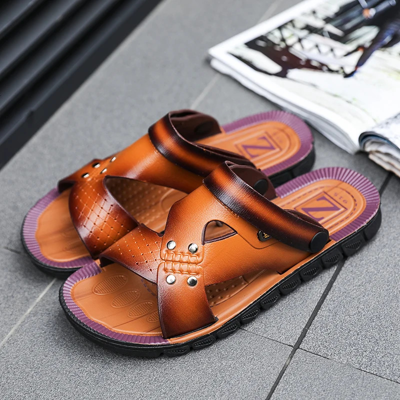 Mens Slippers Summer Leather Sandals Anti slip Beach Shoes Casual Sandals Mens Slippers 240605