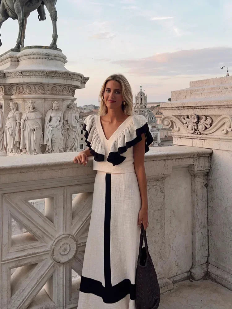Fashion Contrasting Colors Ruffles Crop Top Dress Suit Women Elegant V Neck Sleeves Tops Skirt Summer Chic In Matching Sets 240601