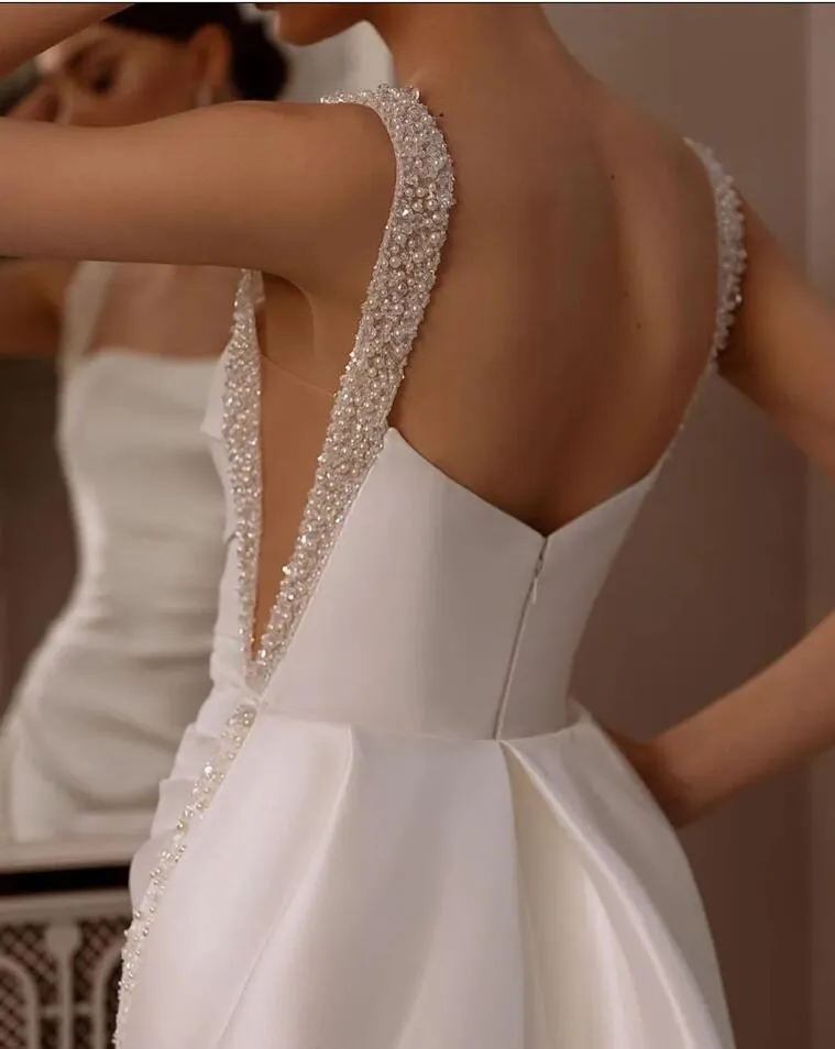 Elegant Satin Mermaid Wedding Dresses With Detachable Beads Sequins Strap Women Pearls Court Train Backless Gowns For Bride 0605