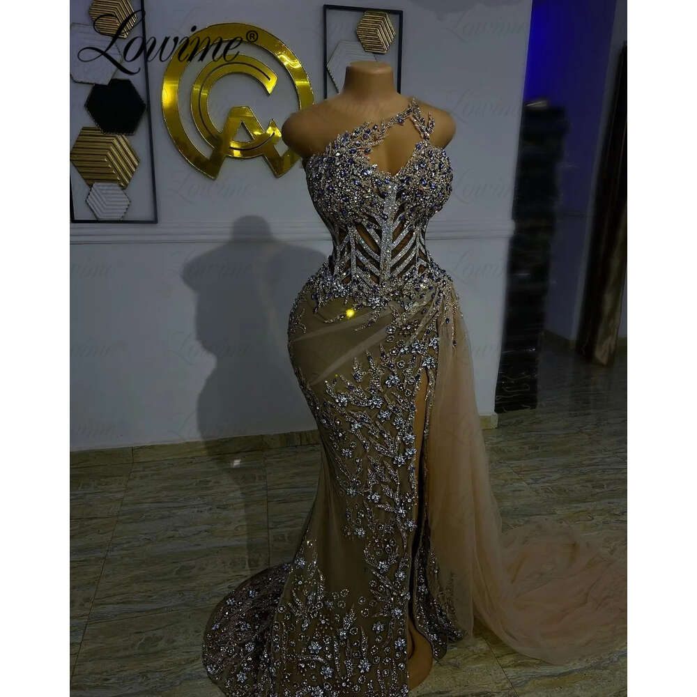 Sexy See Through Party Dresses For Weddings 2023 Custom Made Crystals Beaded Long Prom Dress High Split Side Evening Gown