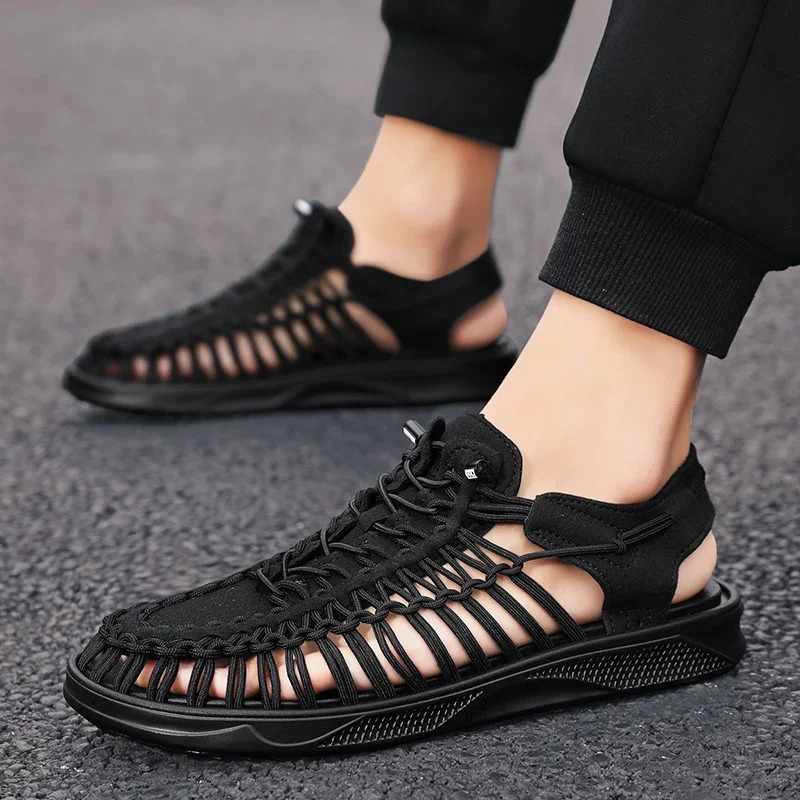 Mens summer sandals handcrafted woven shoelaces breathable beach sandals mens sliding shoes large-sized casual shoes 240605