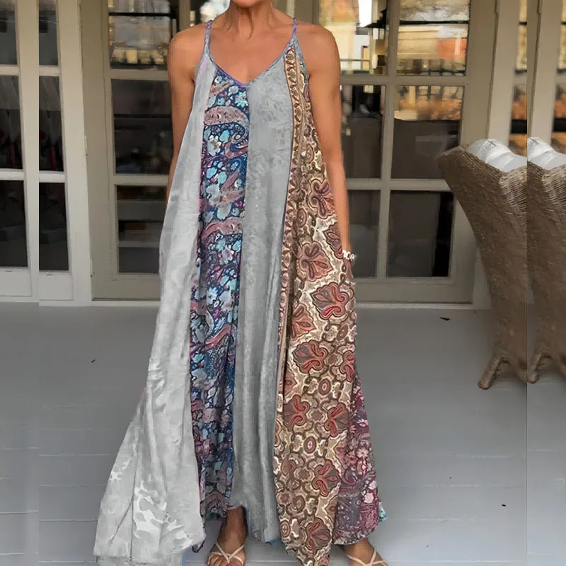 Bohemian Floral Print Pocket Spaghetti Strap Dress Fashion Lady V Neck Patchwork Long Dress Casual Loose Sleeveless Summer Dress 240529