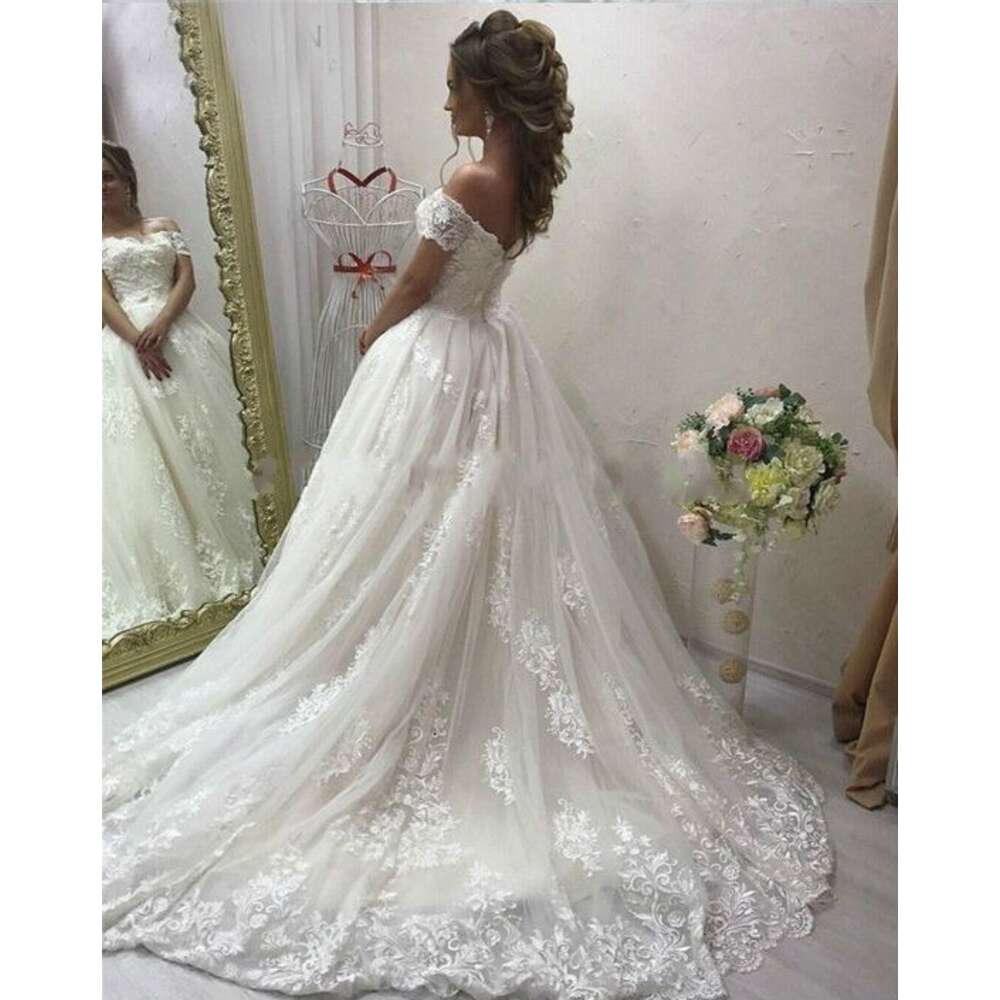 Vintage Off-Shoulder Ball Princess Wedding Dresses Vestido De Noiva Applique Court Train Bridal Gown Plus Size 0605