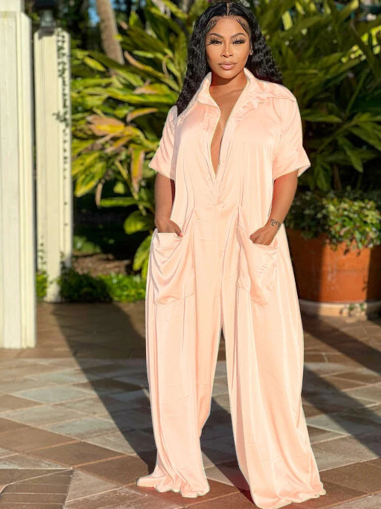 Jumpsuit Women Summer Streetwear Short Sleeve Loose Solid Casual Jumpsuits Fashion Satin Jumpsuit Wholesale Bulk Drop 240601