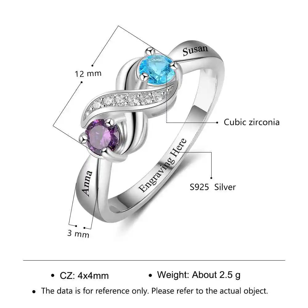 925 Sterling Silver Infinity Mothers Ring with 2 Round Birthstone Custom Engraved Couple Name Engagement Promise Rings for Women 240530