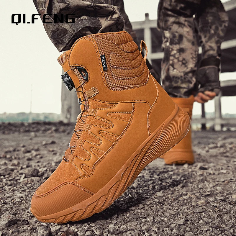Large outdoor training military boots mens mountain hiking boots high top rotating buckle fashionable camouflage sports shoes 240605