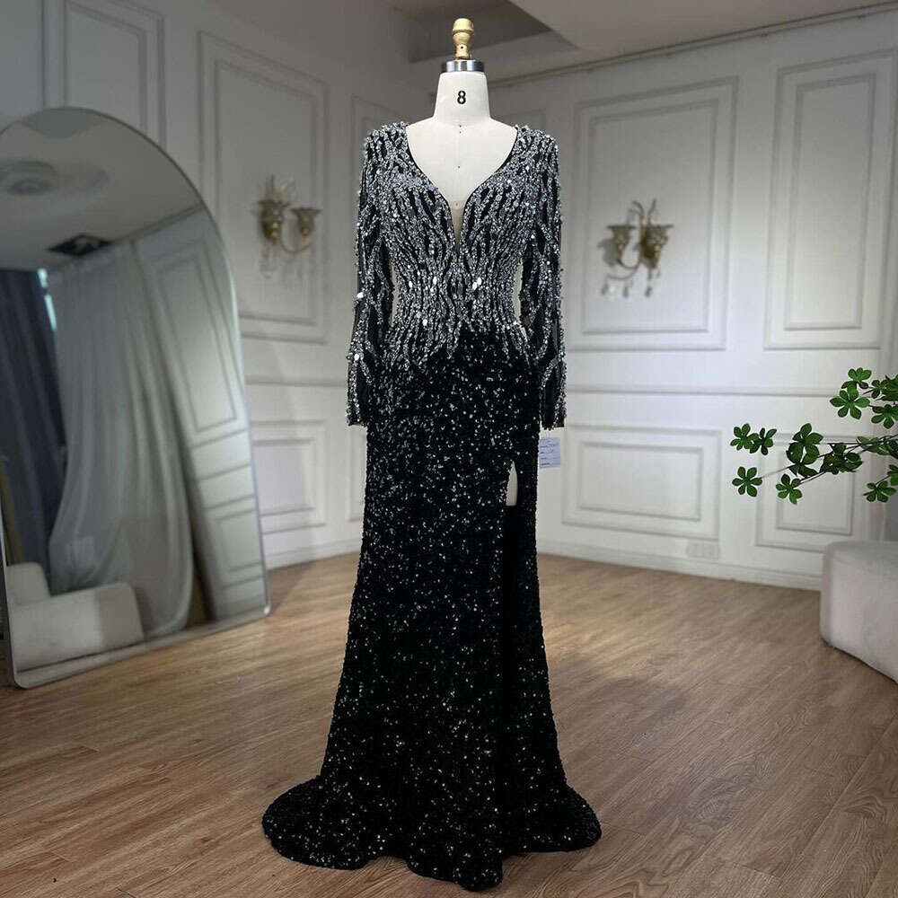 Serene Hill Arabic Black Elegant Mermaid Beaded Evening Dresses Gowns for Women specialParty 2025 LA72220