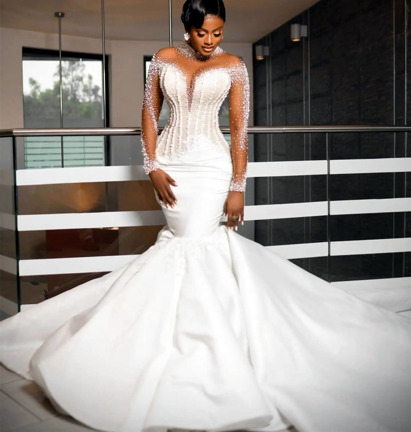 Aso Ebi 2024 White Mermaid Wedding Pearls Beaded urious Satin Long Sleeves Bridal Gowns Dresses ZJ303
