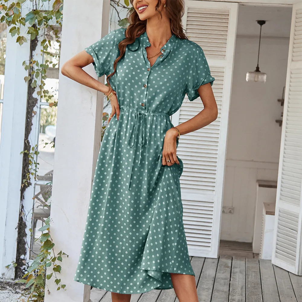 Ladies Polka Dot Print Shirt Dress Women Casual Midi Holiday Summer Dress Female Loose Women Beach Dress Sundress Robe Vestidos 240601