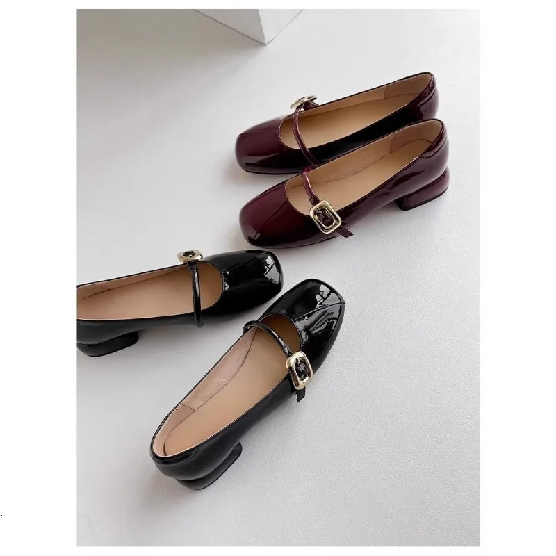 Shallow Mouth Single Women Spring and Autumn Low Mary Jane Shoes with Thick Heel Non-slip Square Patent 240605